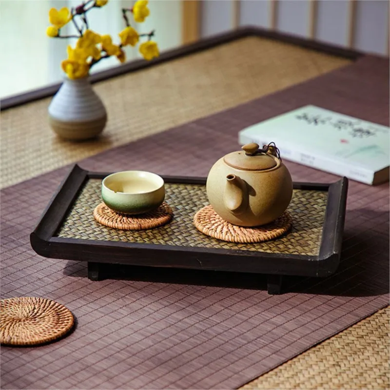 Zen Retro Style Tea Set Storage Tray Retro Tea Tray Household Japanese Style Solid Wood Bamboo Woven Tea Cup Rattan Tray ZE626 3