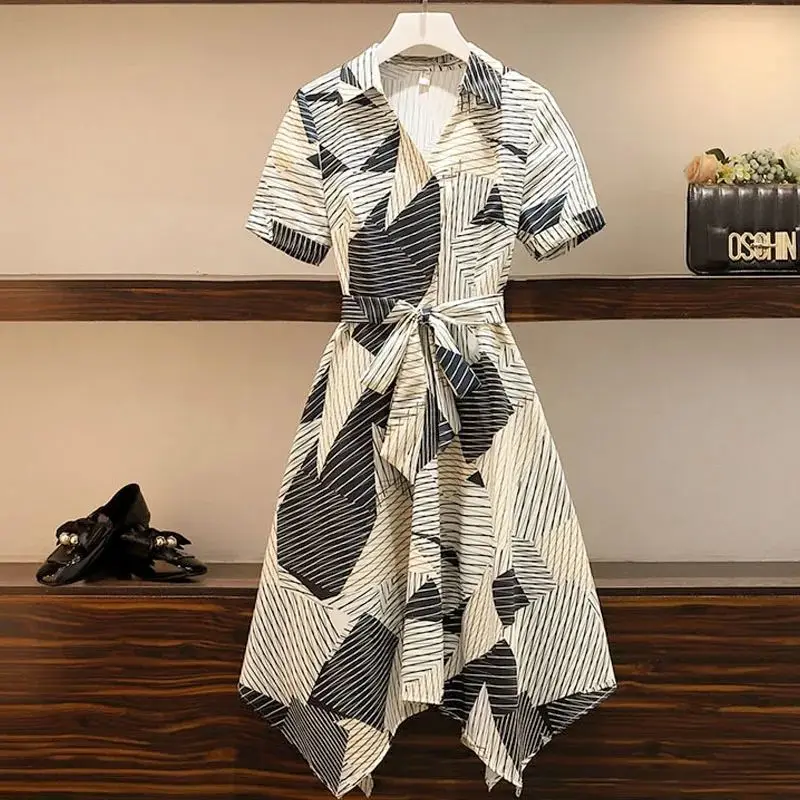Fashion Printed Bandage Asymmetrical Striped Casual Dresses Women's Clothing 2024 Summer New Loose Irregular Short Sleeve Dress