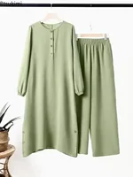 Chemisier arabe pour femmes musulmanes, ensembles assortis, survêtement élégant pour femmes, chemise unie décontractée + pantalon à jambes larges, costume, vêtements modestes 5