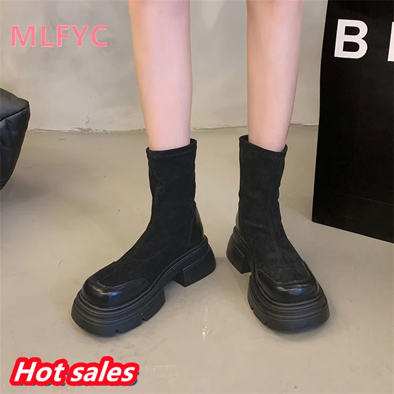 Showy Feet Small Thick Sole Retro British Style Women's Boots Summer 2023 New Brown Thick Heel Elevated Super Hot Short Boots