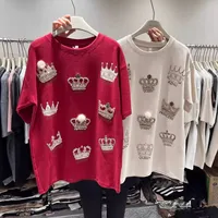 150kg Plus Size Diamond-studded Women's Cotton T-shirt L-4XL Thick Crown Print 2024 New Female Tees Fashion Spring Summer Tops