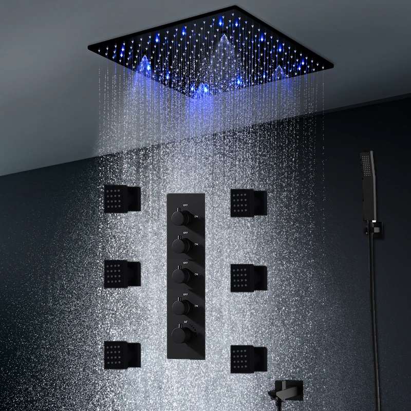 

Black Shower LED Set Ceiling RAIN Mist Shower Panel Head Thermostatic 4 Way Mixing Valve Body Jets Massage