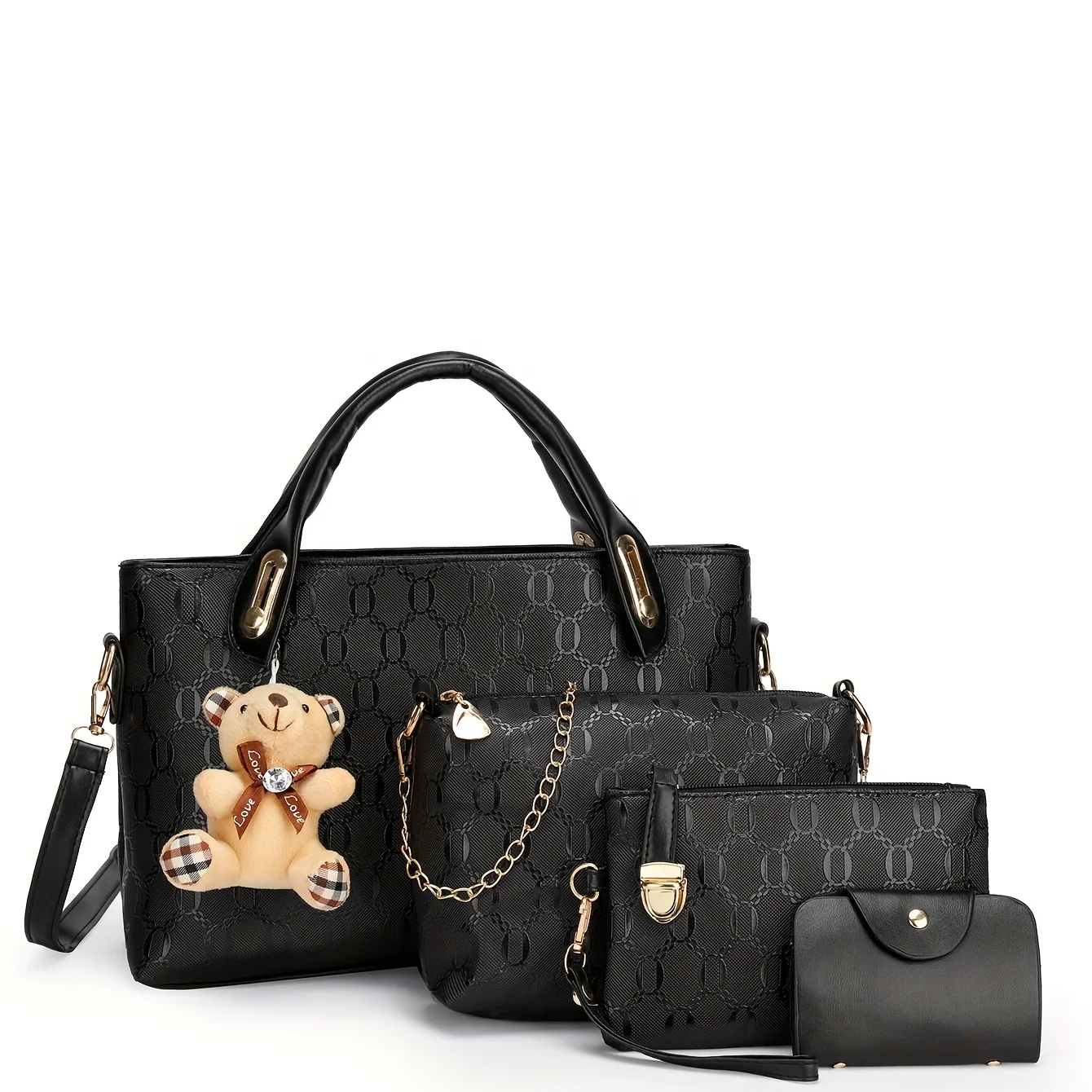 4pcs Geometric Pattern Tote Bag, Fashion Handbag Chian Crossbody Bag, Clutch Bag and Card Holder Purses and Handbags Hand Bag