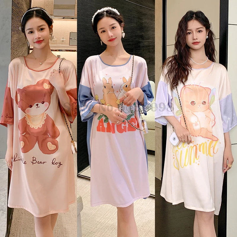 

Summer Women's Nightdress Satin Silk Short Sleeve Sleepwear Rabbit Print Senior Literary Home Clothes Loose Casual Nightgown