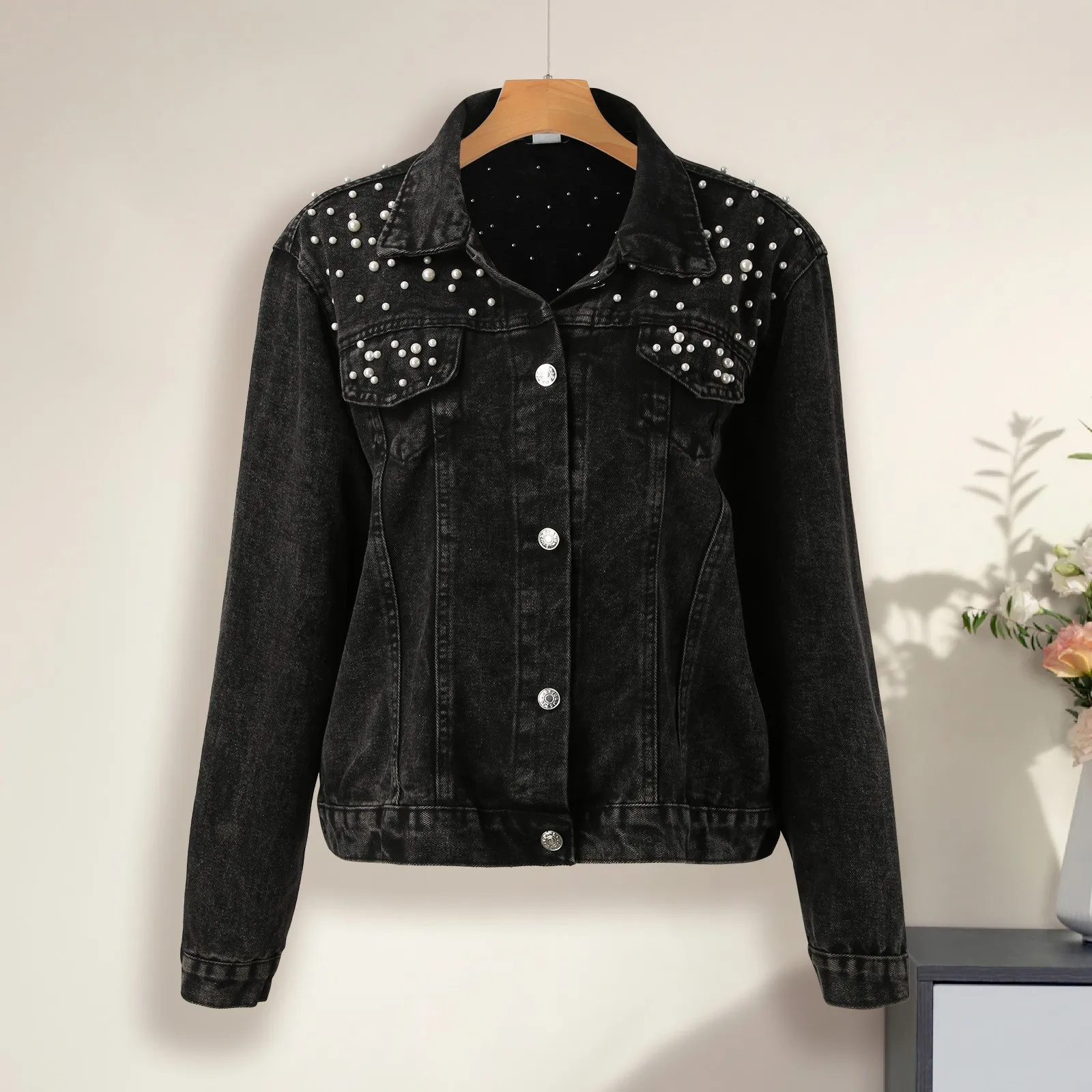 

Women's Large Denim Jacket Embroidered Pearl Beaded Denim Jacket Coat Dark Denim Jacket for Women