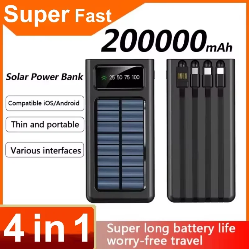 200000mAh Solar Power Bank Digital Display Solar Battery Large Capacity Fast Charging Built-in Cable Power Bank External Battery power bank