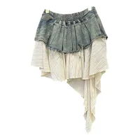 Retro Spliced Denim Pleated Skirt for Women Summer New Temperament Hot Girl Fashionable High Waist A-line Skirt - Image 3
