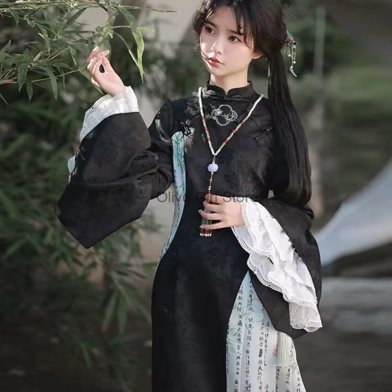 

Qipao Dress cheongsam Women's Fake Two Piece 2024 Spring Autumn Chinese Traditional Clothing Embroidery Printing Luo Long Dress