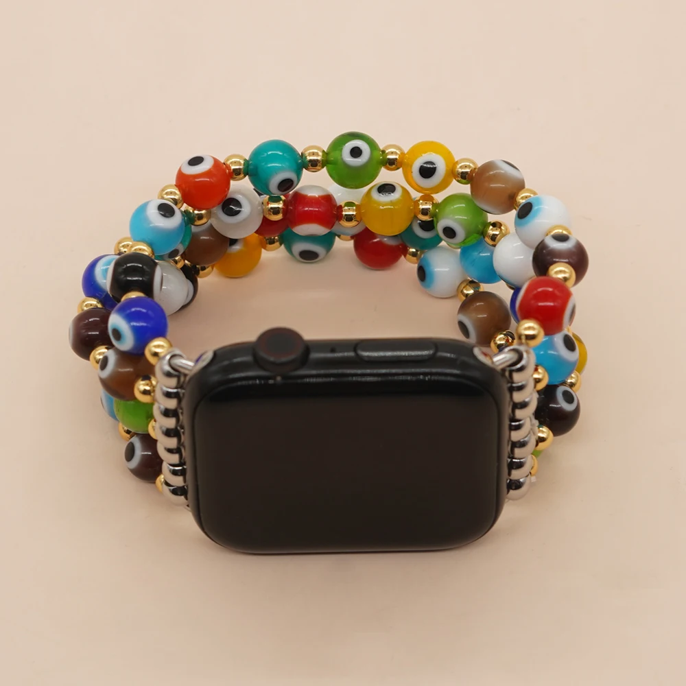 Go2Boho New In Rainbow Colorful Boho Fashion Glazed Glaze Glass Evil Eye Beaded Apple Watch Band Strap Series Summer Trendy Gift