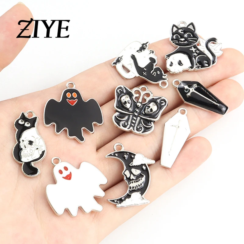 

10pcs Mix Enamel Skull Ghost Casket Black Cat Moon Charms Gothic Halloween Pendants for Making DIY Handmade Jewelry Acceessories