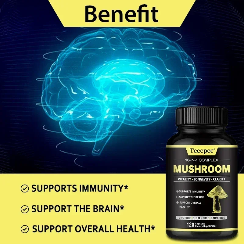 10-in-1 Mushroom Complex Lion's Mane, Reishi, helps with brain clarity and function, improves memory, concentration and thinking