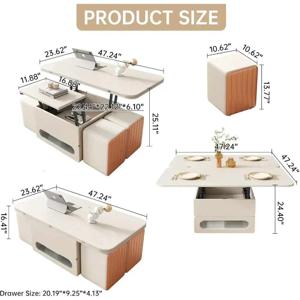 Coffee Table, 3 in 1 Multifunctional Folding Center Tables with 4 Leather Stool & Hidden Compartments, Lift Top Coffee Table