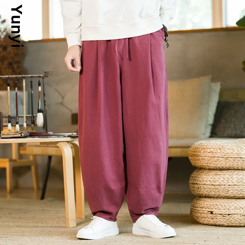 Pantalones de tai chi de estilo chino para hombres, pantalones de práctica de artes marciales de primavera y otoño, pantalones anchos de pierna, holgados, de algodón y lino, largos