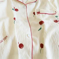 Cherries Print Two Pieces Pajamas Set Autumn Faux Cotton Pajamas Korean Fashion Home Clothes Ladies Pants and Top Set Pijamas - Image 6