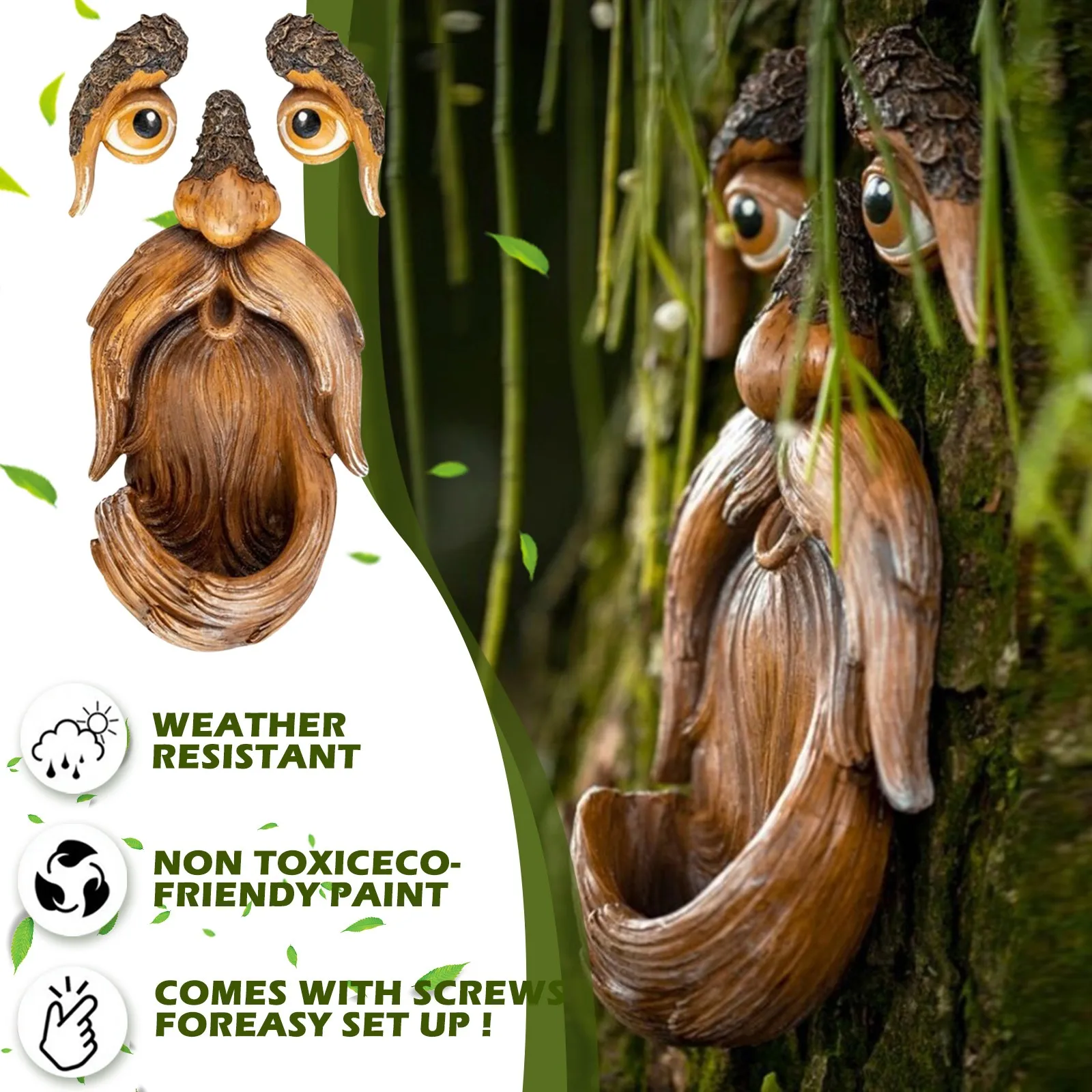 Tree Face Bird Garden Feeder Faces Hugger Decor Outdoor Man Oldsculpture Yard Wild Ornament Dark Indecoration Statue Whimsical