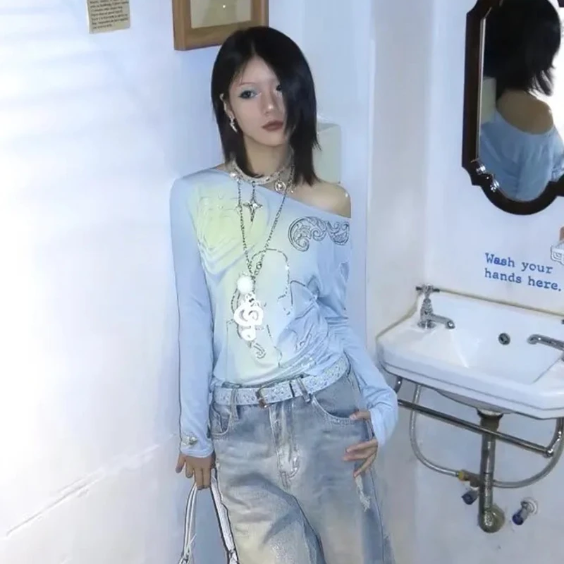 Karrram Japanese Y2k Off Shoulder Tops 2000s Style Fairycore Long Sleeve T-shirt Vintage Harajuku Cupid Print T Shirt American 3