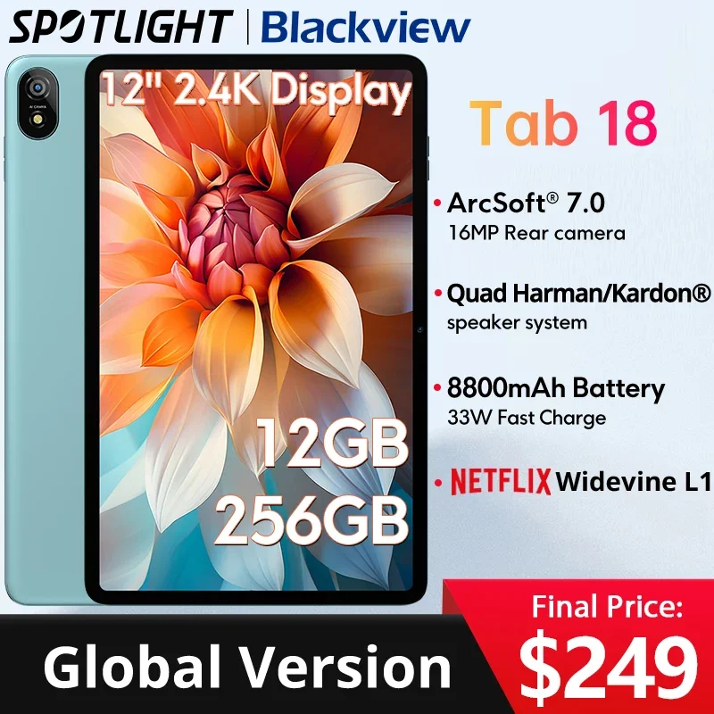 Incide World Premiere】 12Gb + 256Gb 12 ''Blackview Tab 18 Tablet 16Mp 2.4K Fhd + Display 8800Mah Batteria Widevine L1 Mtk Helio G99 33W