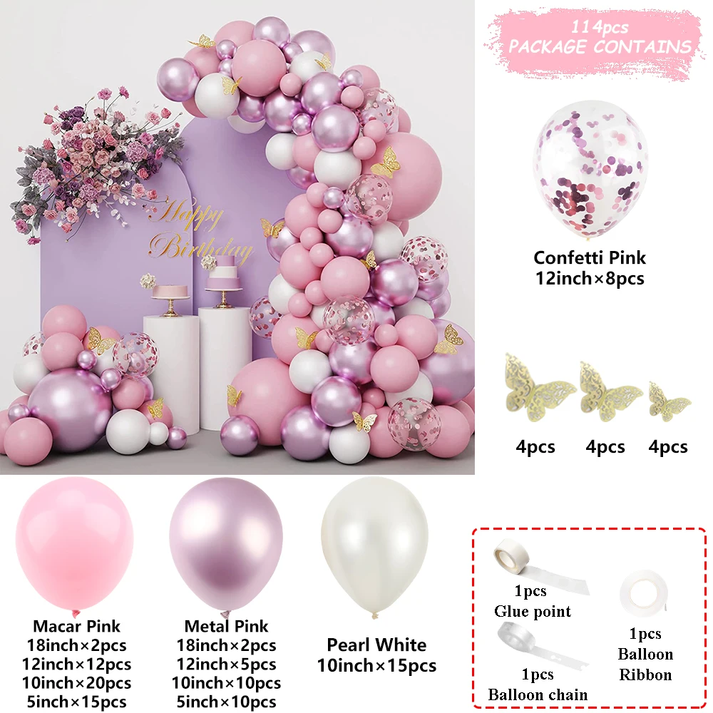 Butterfly Balloon Arch White Pink Confetti Metal Balloons Set Girl Birthday Decoration Party Supplies Wedding Globos Baby Shower
