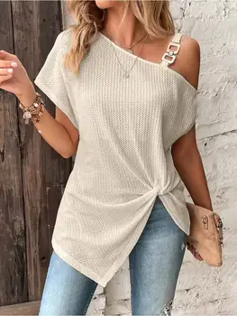 Spring Summer Women Fashion Casual Solid Color Metal Splicing Shoulder Strap Off Shoulder Neck T Shirt Top 1