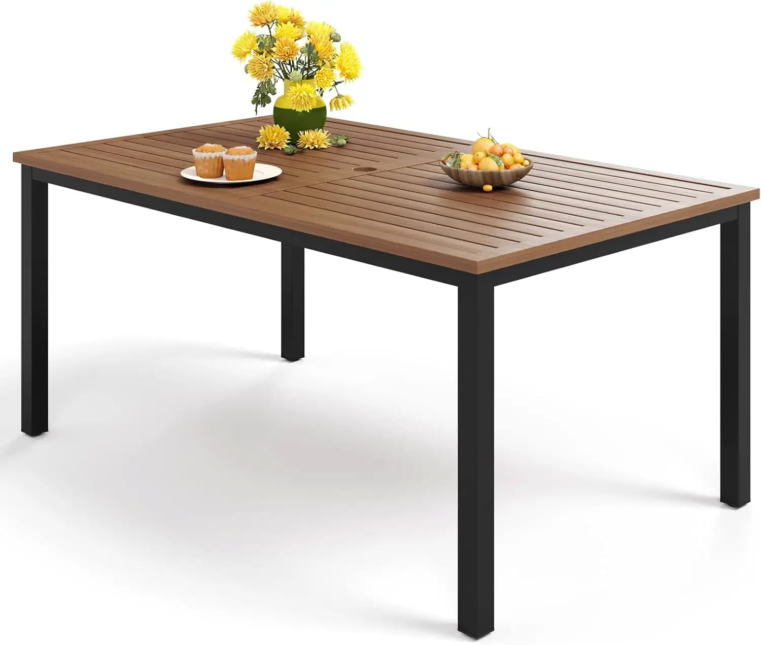 

Square/Rectangle Outdoor Dining Table,Patio Furniture Wood-Like Tabletop w/ Adjustable Umbrella Hole for Deck,Backyard,Garden