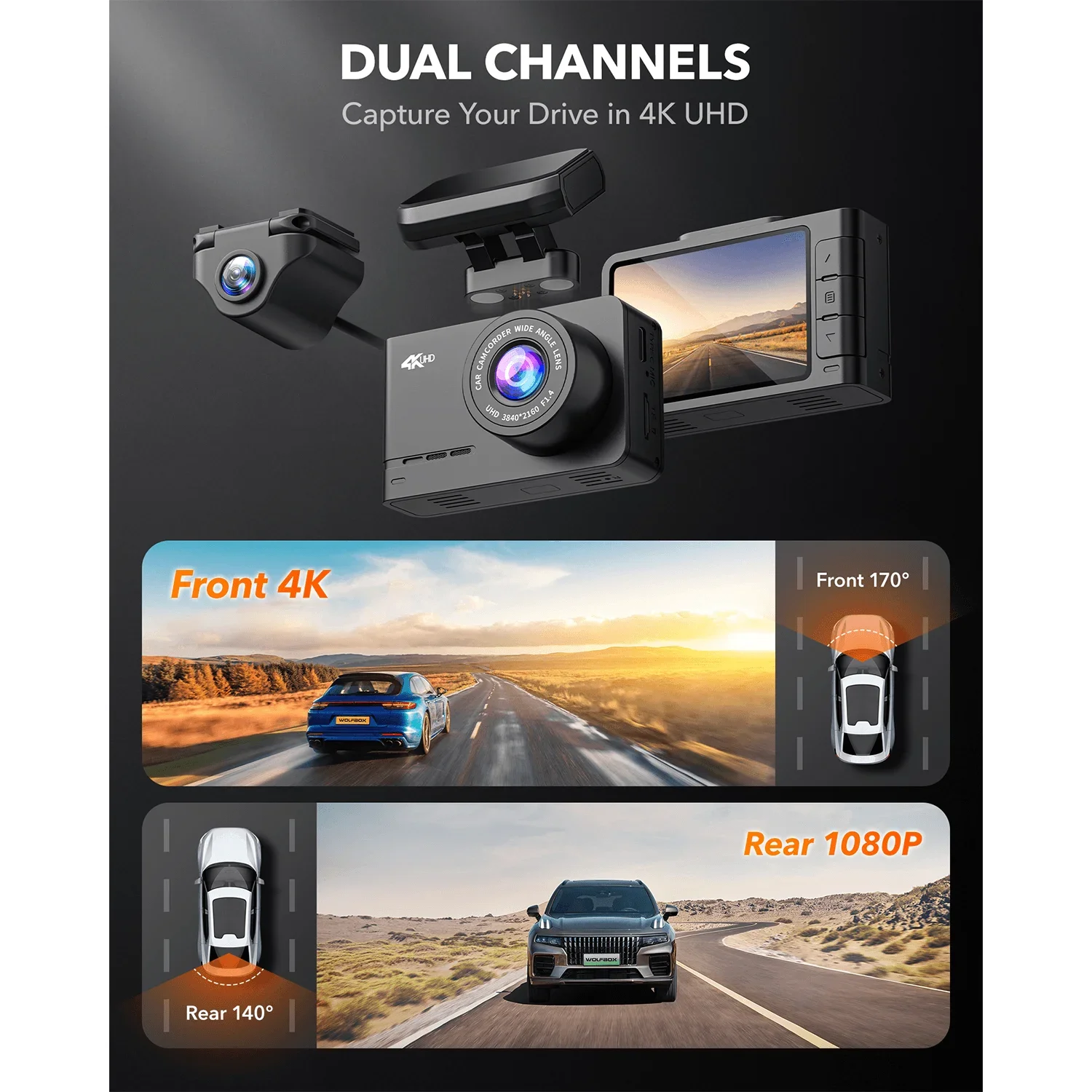 WOLFBOX D07 4K Dash Cam Front and Rear Car Camera