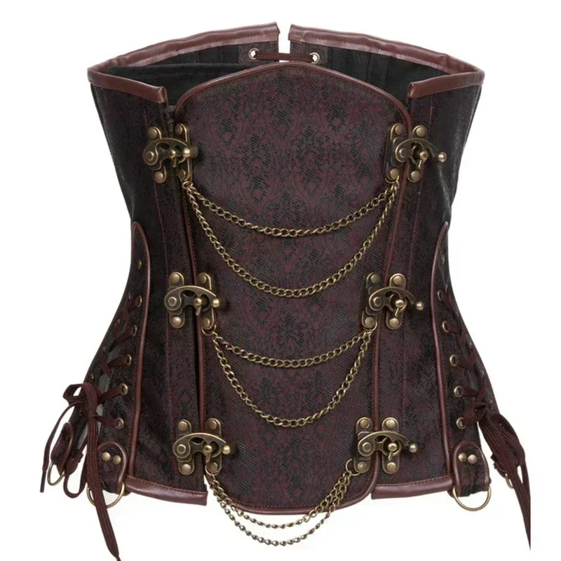 

Steampunk Underbust Corset Leather Corset Tops Chain Gothic Punk Pirate Vintage Jacquard Corset for Women Black Brown Plus Size
