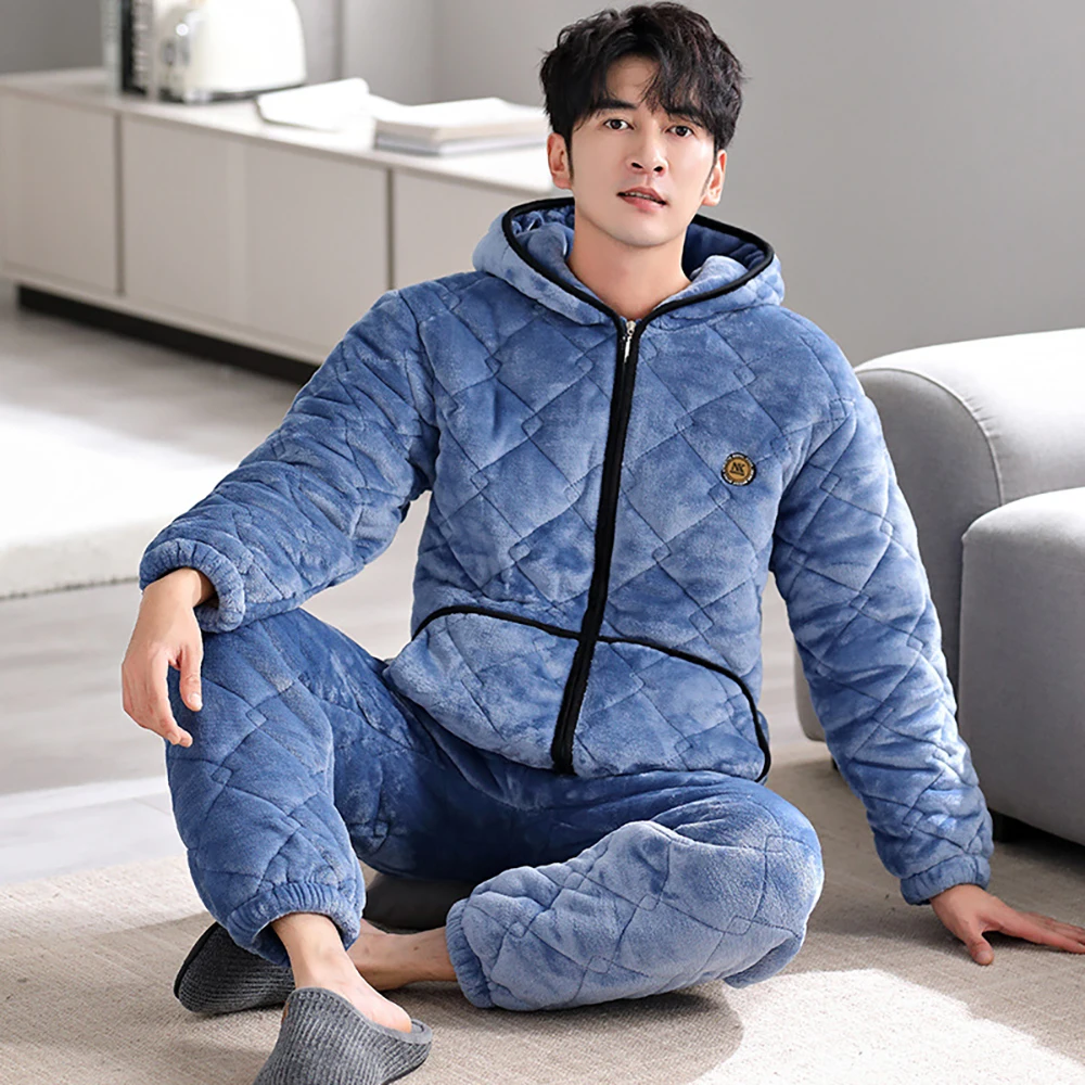 Japan Style 3-Layer Super Thicken Coral Fleece Male Sleepwear For Sleeping Warm Loose Hooded Zipper Men's Winter Pajamas Sets