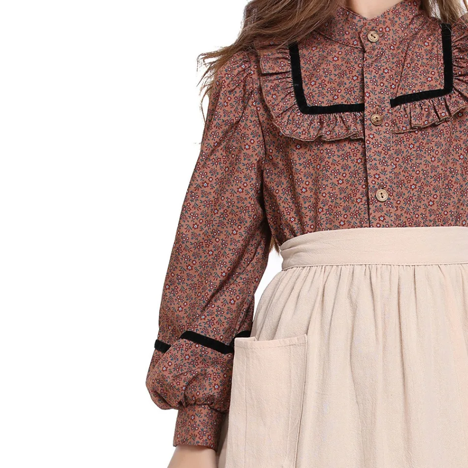 Girls Historical American Colonial Costume Tween Teens Brown Floral Victorian Medieval Dress Maid Long Dress With Apron PS66 - 5