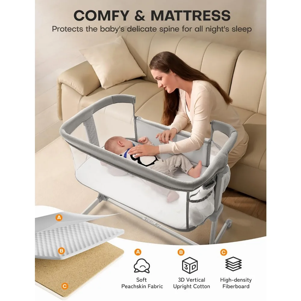 Baby Bassinet Bedside Sleeper,All Mesh Bedside Bassinet for Newborn Infant with Comfy Mattress, 7 Height Adjustable Bedside Crib 3