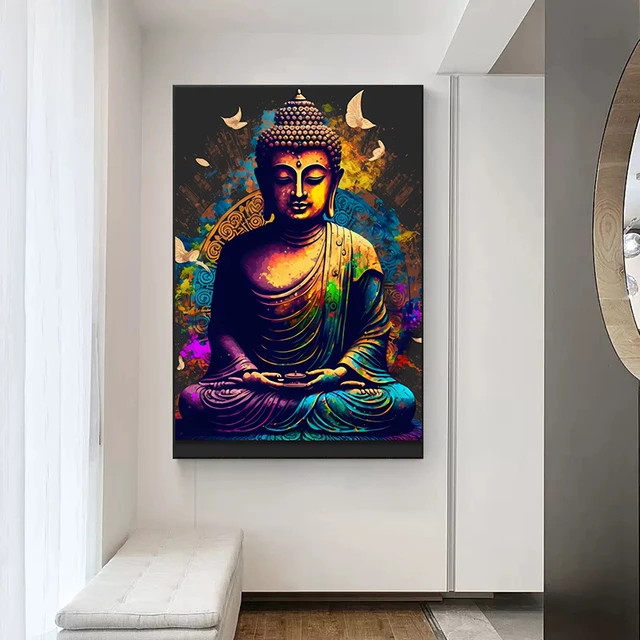 Statues de bouddha abstraites colorées sur le mur, affiches et imprimés  artistiques bouddhistes, décoration murale de la maison - AliExpress