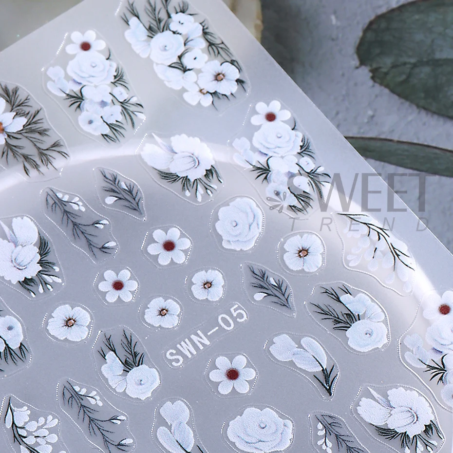 5D Embossed White Flower Nail Stickers Elegant Lace Rose Floral Petals Leaves DIY Self-Adhesive Decal Slider Manicure Decoration 4