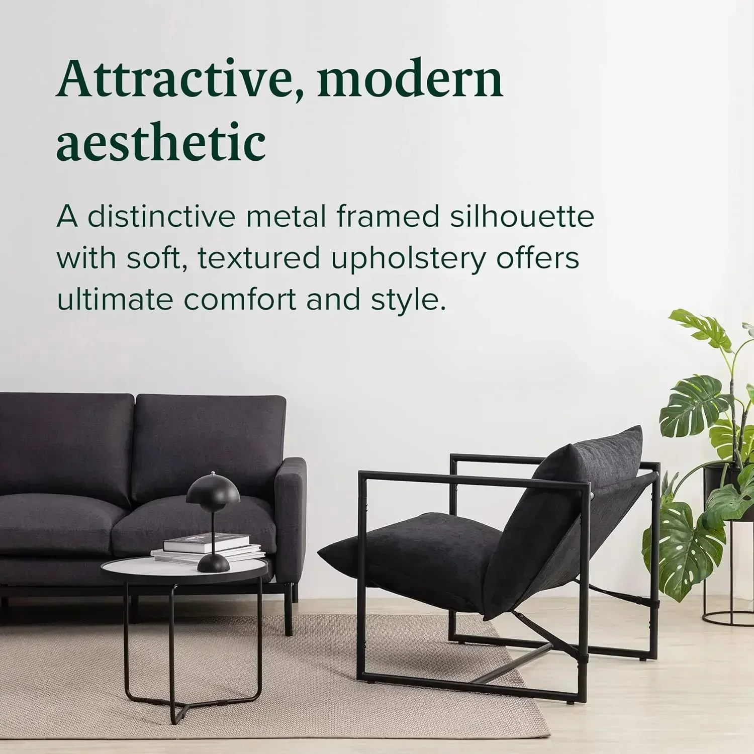 New2025-Aidan Sling Accent Chair, Metal Framed Armchair with Shredded Foam Cushioning, Black