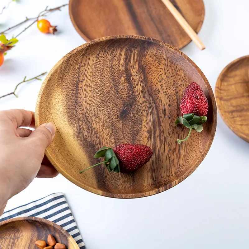 Round Acacia Dish Solid Wood Anti-scalding Wear Resistance Dinner Plate Cuisine Dessert Snack Fruit Dishes Kitchen Restaurant