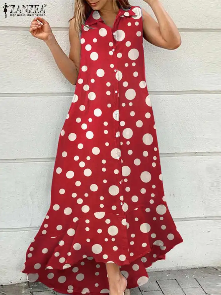 

ZANZEA Summer Ruffles Hem Sleeveless Shirt Dress Women Lapel Polka Dot Vestidos Casual Long Robes Fashion Streetwear Maxi Dress