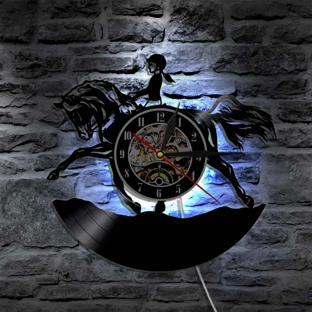 Femminile Equestre Wall Art Home Decor Orologio Da Parete Hunter Jumper Fence Girl Vinile Record Clock Equestre Horse Rider Horse Gift
