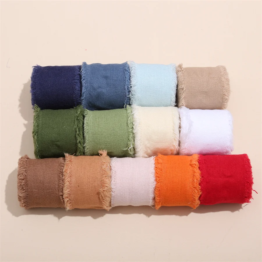 5yards*4cm Frayed Edged Satin Handmade Cotton Linen Ribbon For Wedding Invitation Bouquets Birthday Party DIY Decoration 1 Roll