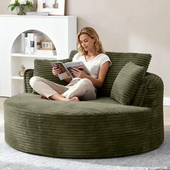 Large Round Corduroy Chaise Lounge Chair with Deep Seat – Green 1