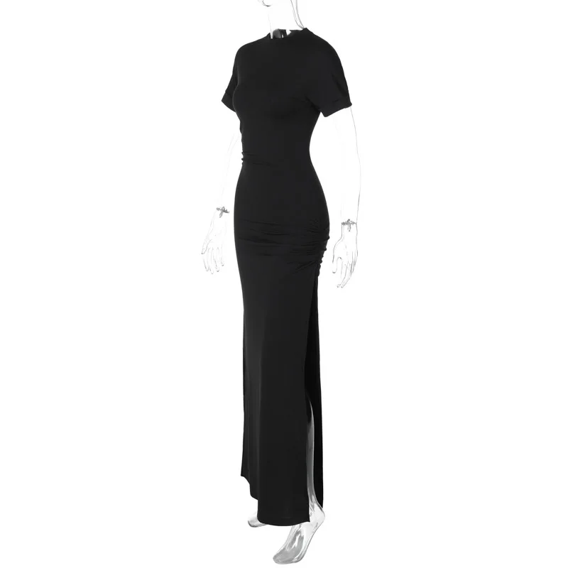 Women's Elegant O Neck Maxi Dress Short Sleeve Slim High Waist Shirring Dress Sexy Side Slit Evening Club Bodycon Dress Lady