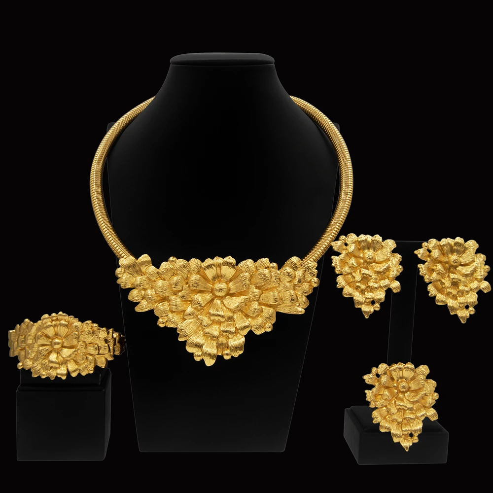 Women Gold Plated Jewelry Original Women Big Bud Necklace Jewelry Set Dubai Fashion Earrings Rings Wedding Accessories - 6