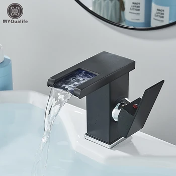 Black LED Waterfall Basin Bathroom Faucet Deck Mounted Hot Cold Water
