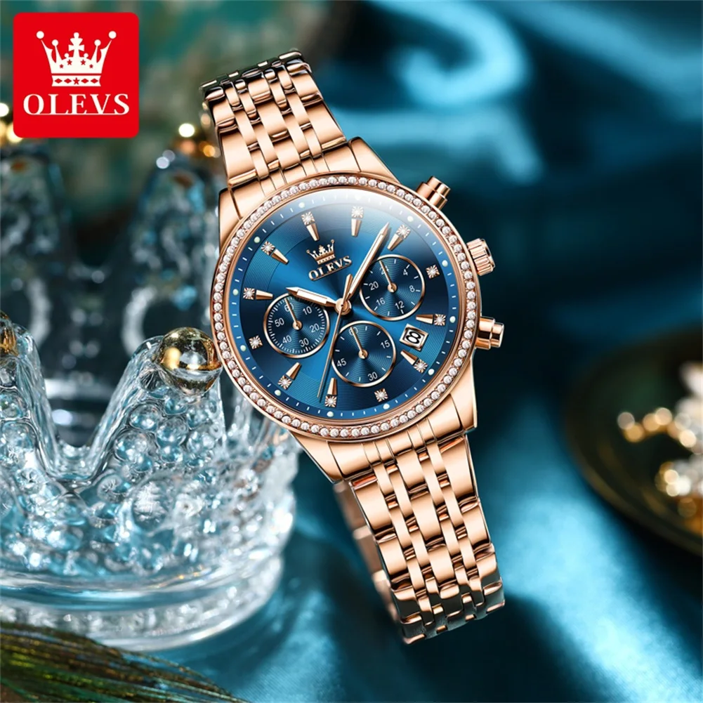 OLEVS Fashion Rose Gold Blue Quartz Watch for Women Luxury Stainless Steel Waterproof Luminous Chronograph Watches Womens
