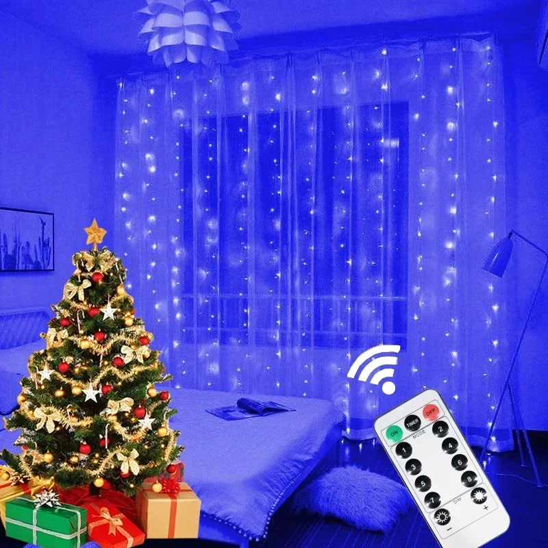 thumbnail image 1 of 1 cortina de luces LED de 3 x 3 m, luces navideñas, guirnalda navideña para árbol de Navidad con 8 modos de control remoto, decoraciones navideñas para fiestas y el hogar, 1 of 5