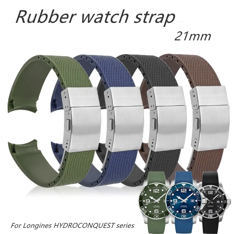 

For Longines series L3.742 642 781 782 TPU Sports diving watch strap Waterproof rubber watch band 21mm Folding buckle bracelet