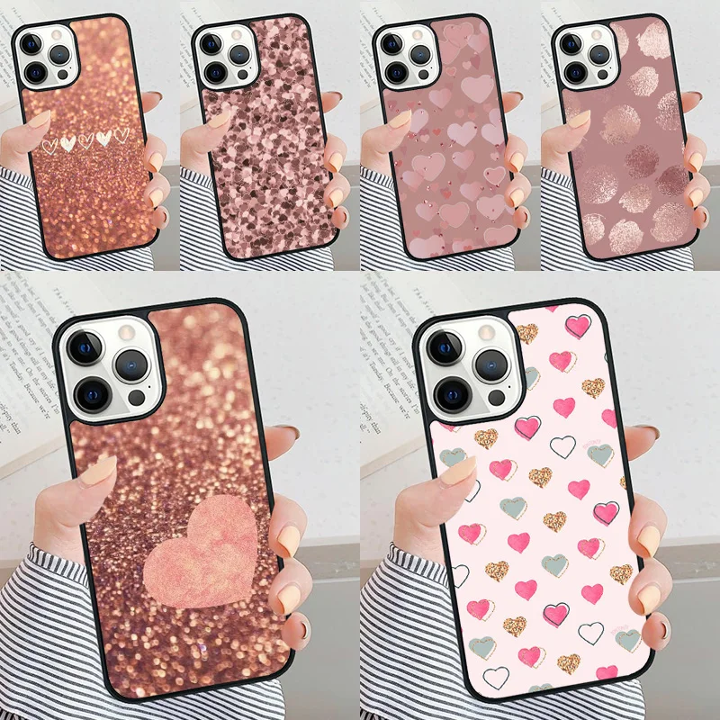 Custodia Per Telefono Gold Rose Pink Love Heart Per Iphone 11 12 13 14 15 Pro Max Cover Per Apple Xs Max Xr 7 8 Plus Se2020 Coque Fundas