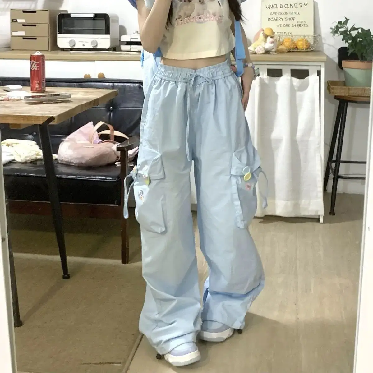 Cargo Pants Multi Pocket Blue Sweet Japanese Versatile Trend Casual Trousers Women Summer High Waist Loose Wide Leg Cargo Pants