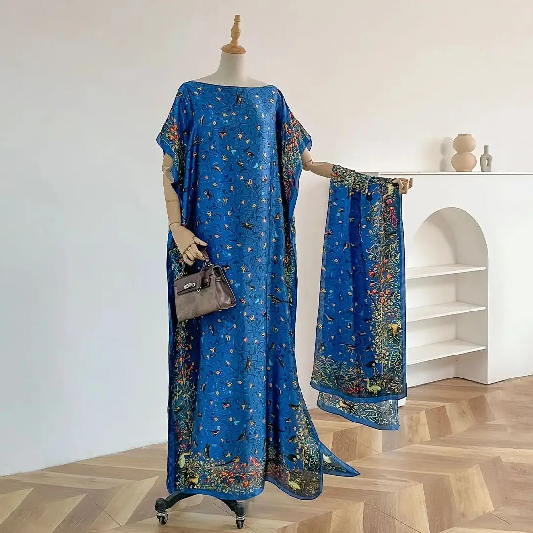 New 2025 Dubai Abaya For Women Summer Short Sleeve Cotton Dress Gold Stamping Loose Lady Maxi Islam African Dress With Big Scarf