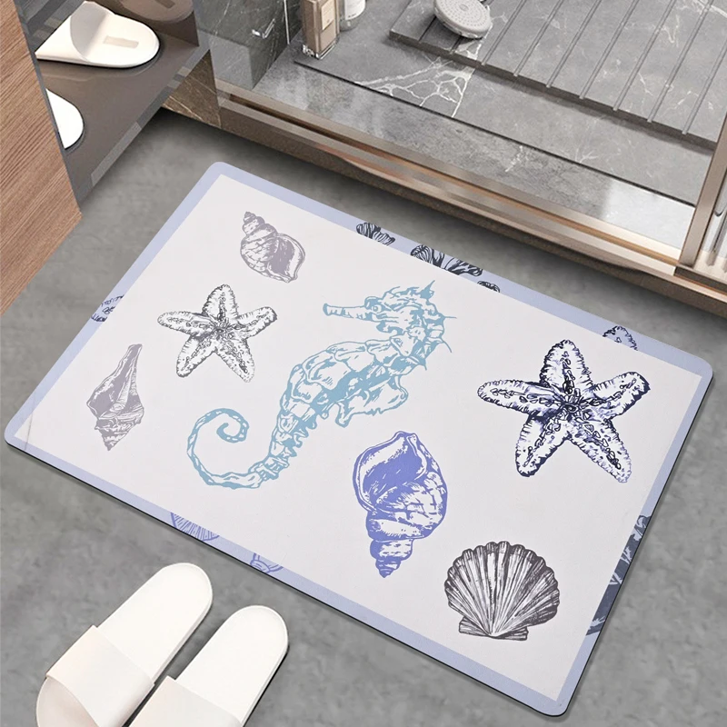 Water Absorption Bath Mats Anti-Slip Bathroom Rug Beach Shell Printed  Entrance Doormat Marine Pattern Bedroom Kitchen Carpet