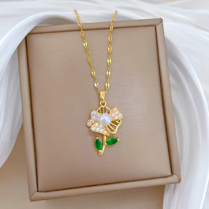 ZAKOL Luxury Shiny Zircon Pearl Flowers Pendant Necklace Earrings Set for Women Stainless Steel Chain Choker Jewelry Sets 4