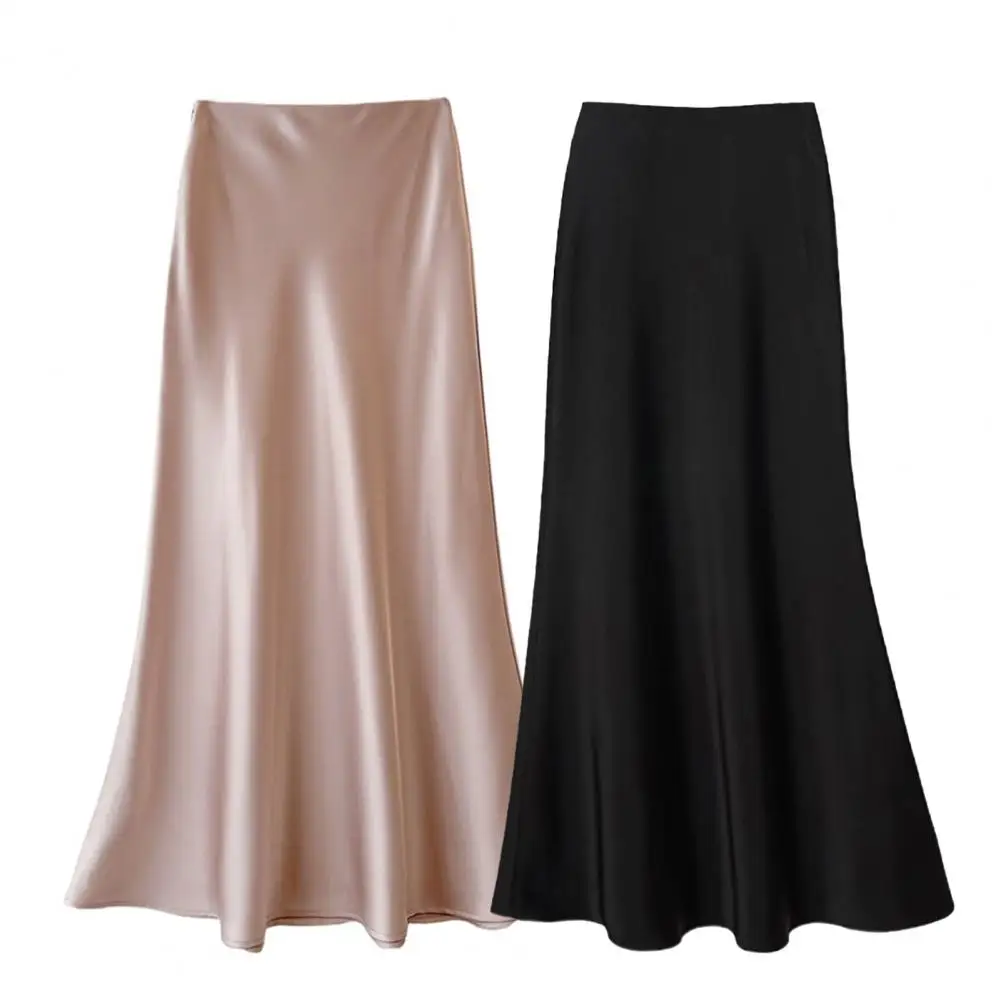 

Versatile Solid Color Skirt Elegant High Waist Satin Midi Skirt with A-line Fishtail Design for Women Solid Color for Workwear