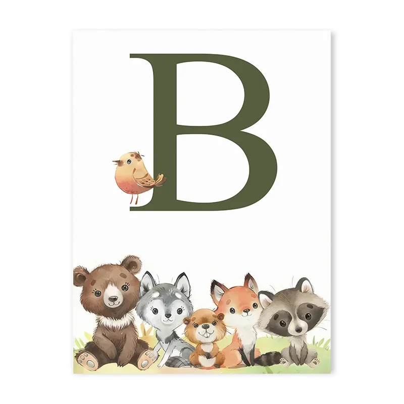 thumbnail image 1 of Impresiones de guardería de bosque, animales del bosque, ciervo, conejo, oso, zorro, arte de pared personalizado, pintura en lienzo, póster, imágenes de pared, decoración de habitación de niños, 1 of 5